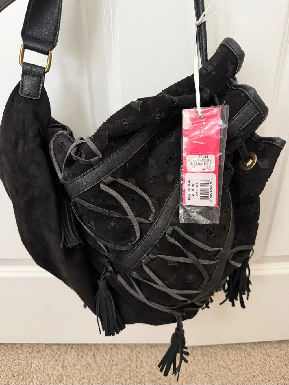 Not Rated Blaire Black Faux Suede Bucket Bag with Lace-Up Detail